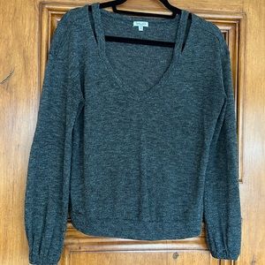 Charcoal gray V neck top with cut out straps at shoulders. By Splendid